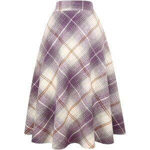 Womens Long Pure PurpleElastic Waist A-Line Pleated Tartan Long Plaid Wool Skirt